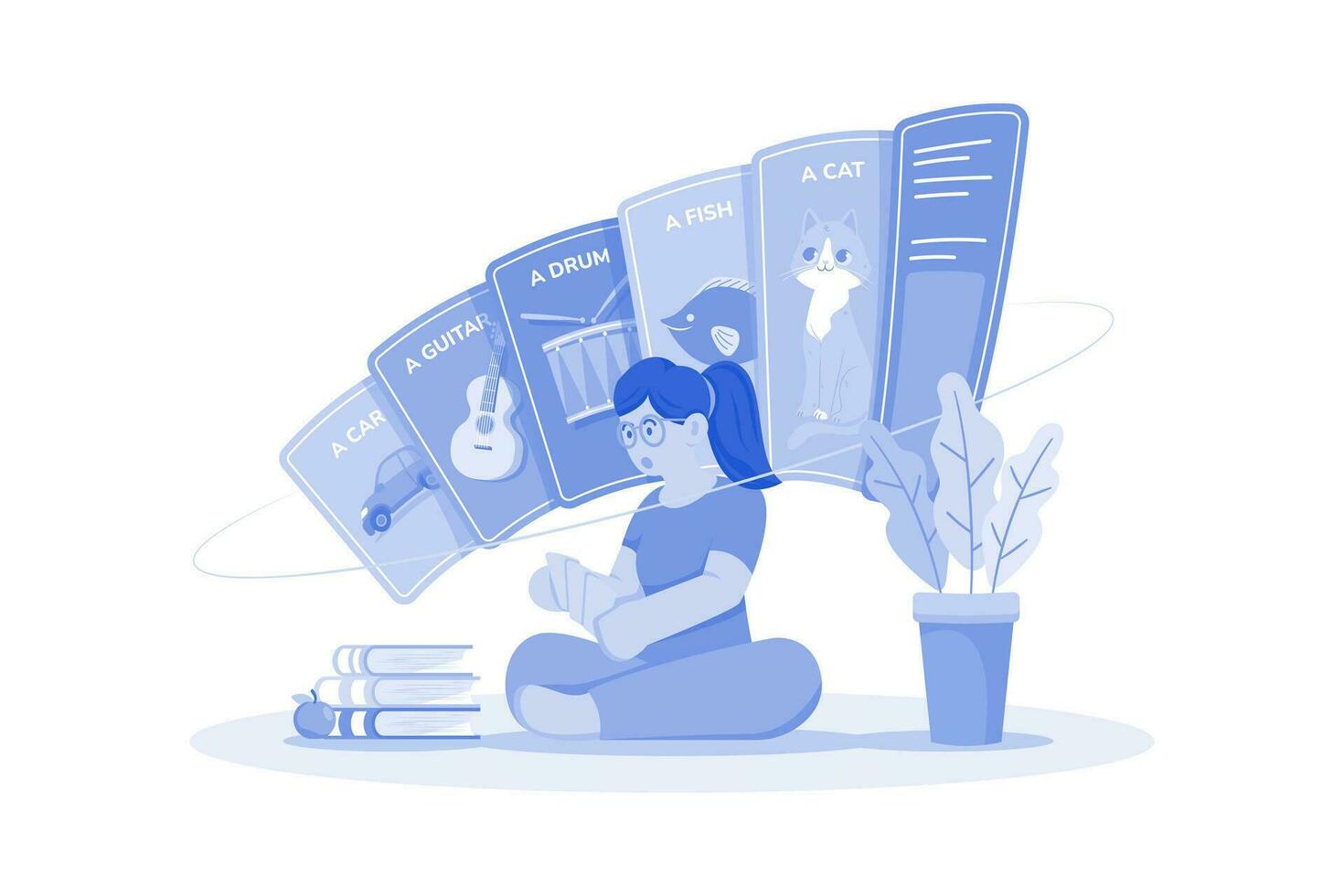 Student uses flashcards to learn vocabulary words. vector