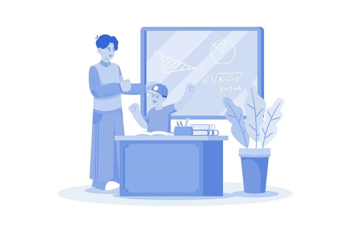 Parent helps child with math homework. vector
