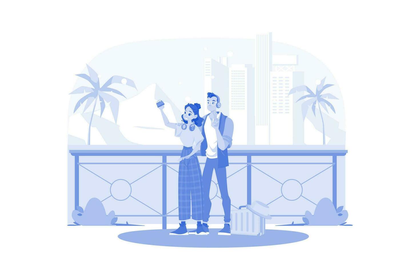 un Pareja toma fotos a hermosa turista lugares vector