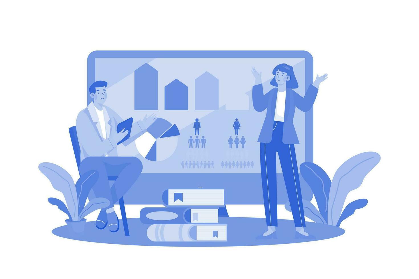 Market researchers analyze data on consumer behavior. vector