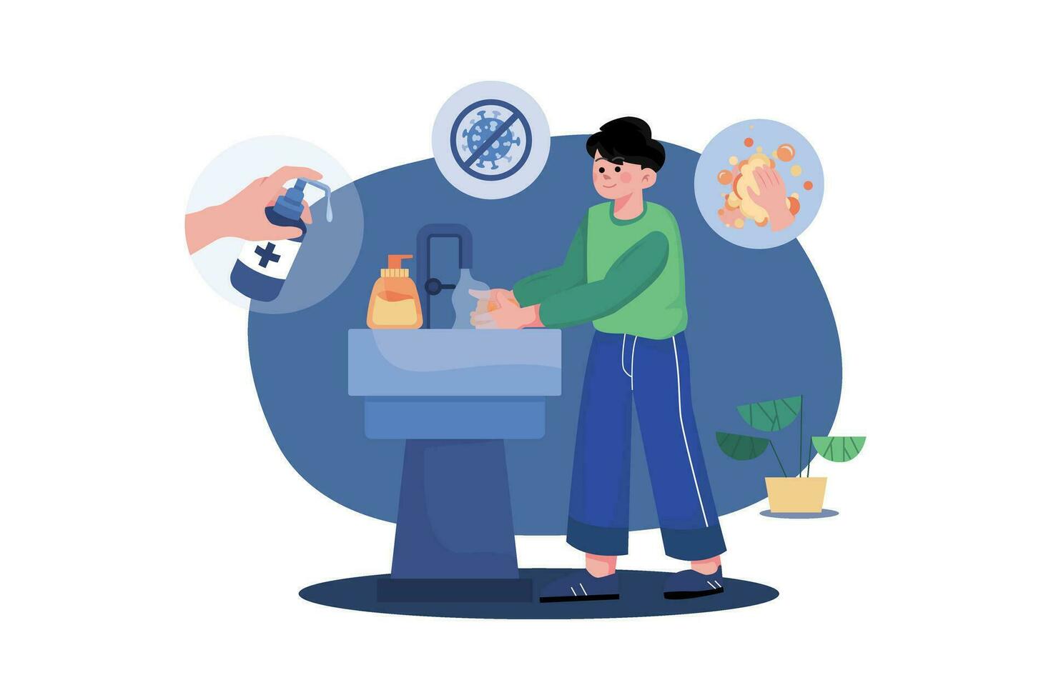 Boy sanitizes his hands illustration concept vector