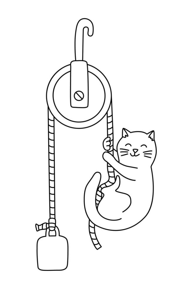 Cat and  movable block or wheel with chute hand drawn doodle vector illustration black outline. Back to school theme element, physics science mechanics.