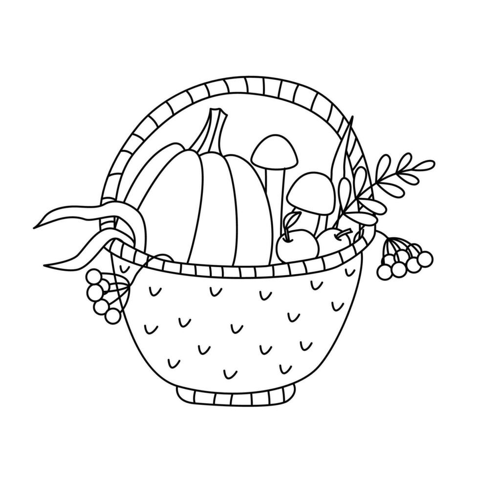 Autumn wicker basket full of vegetables doodle hand drawn illustration black outline vector