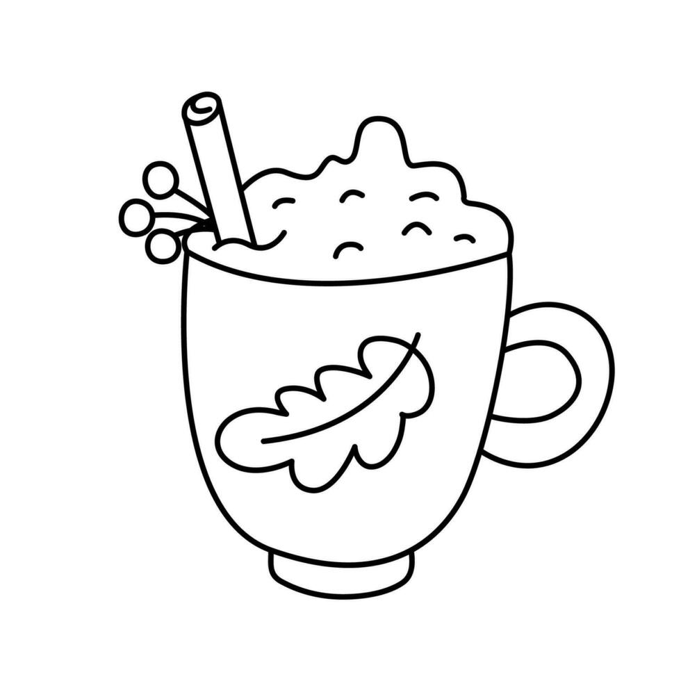 Cappuccino mug decorated with autumn leaf and berries doodle hand drawn vector illustration black outline