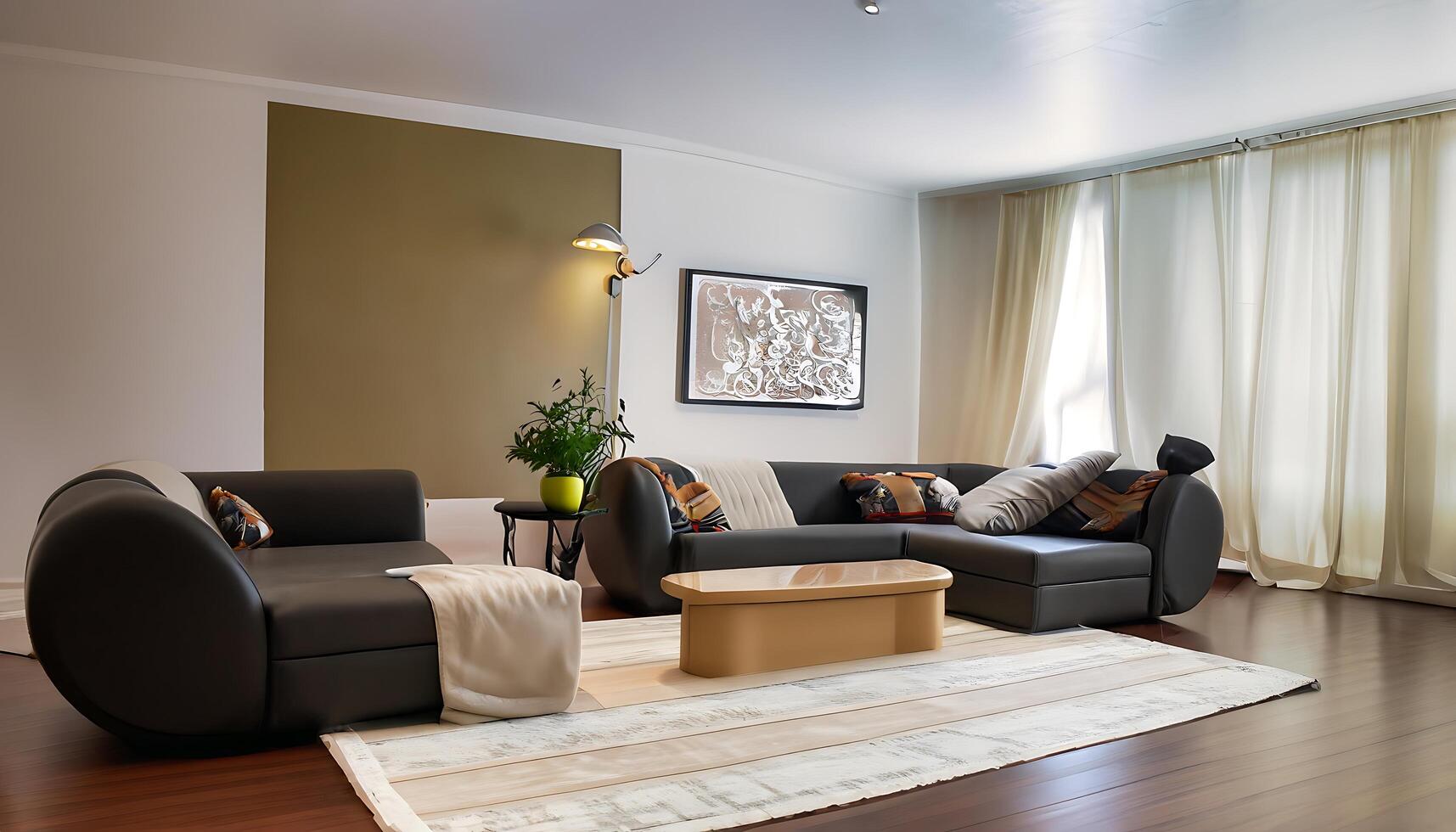 Modern interior of open space with design modular sofa, furniture, coffee table, pillows, and elegant personal accessories in stylish home decoration - photo