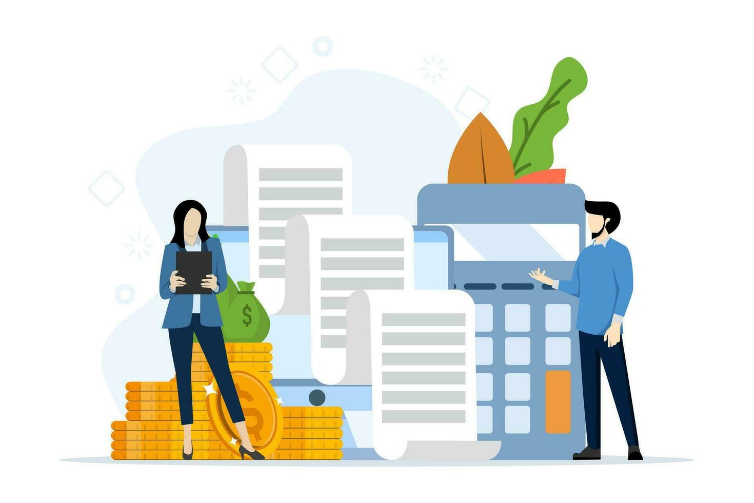 recording financial information. Accounting Department. Create company income and expense accounts. Check the correctness of accounting documents. Budget specialist. vector illustration.