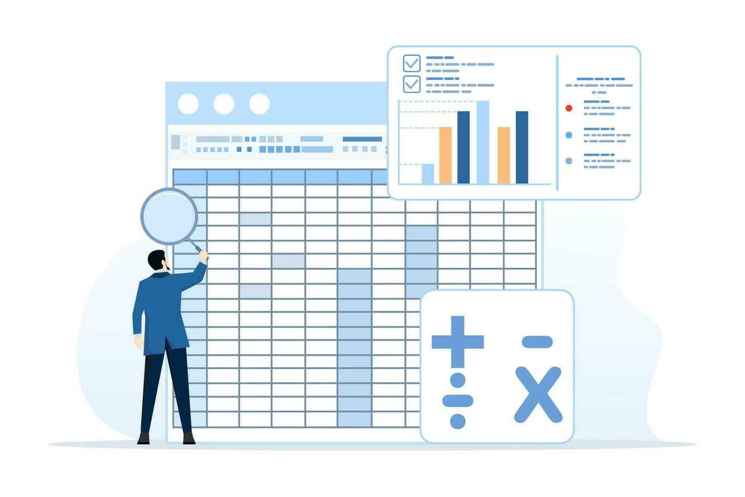 Spreadsheet concept, business analysis and analytics, database reports, financial accounting data with table numbers, budget calculations, profit and loss, generating report graphs from data. vector