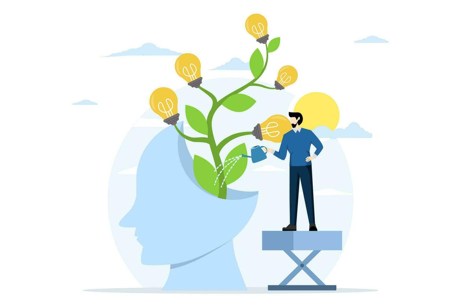 Growth mindset concept, symbol of businessman watering beni plants with big head. Self-development. self-improvement and self-development. metaphor for personality growth. flat vector illustration.