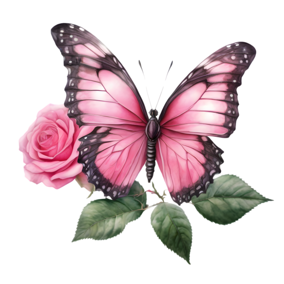 watercolor Butterfly on a flower and leaves in a fantasy style. AI-Generated. png