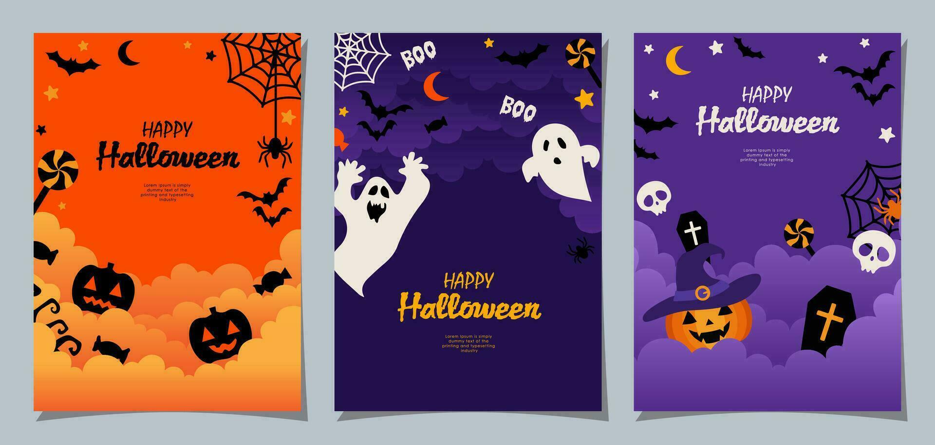 Halloween banners set, party invitation background with clouds, bats and pumpkins in flat design for banner, cover, printing and social media post. Vector illustration.