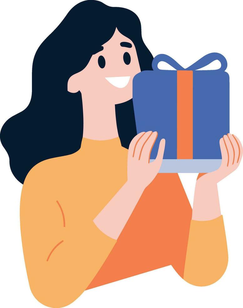 Hand Drawn female character with gift box in flat style vector