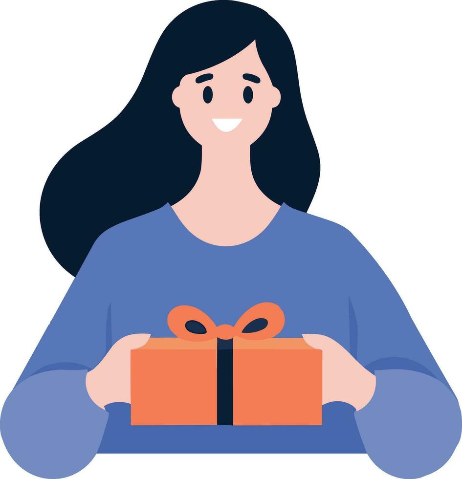 mano dibujado hembra personaje con regalo caja en plano estilo vector