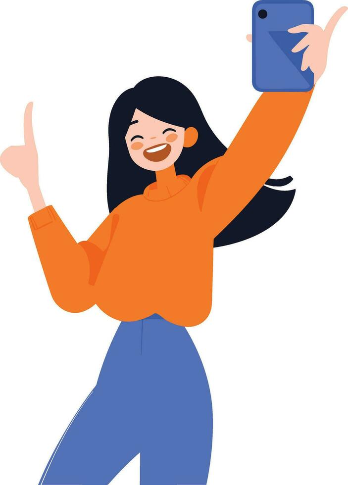 Hand Drawn Female character holding a tablet or smartphone in flat style vector