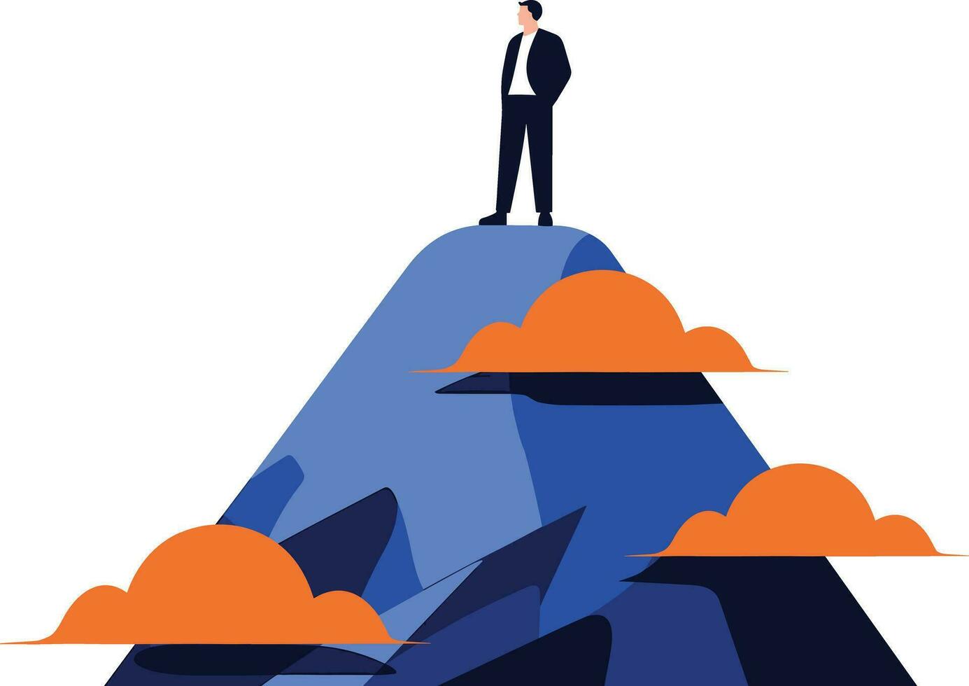 Hand Drawn Businessman standing on top of the mountain of success in flat style vector