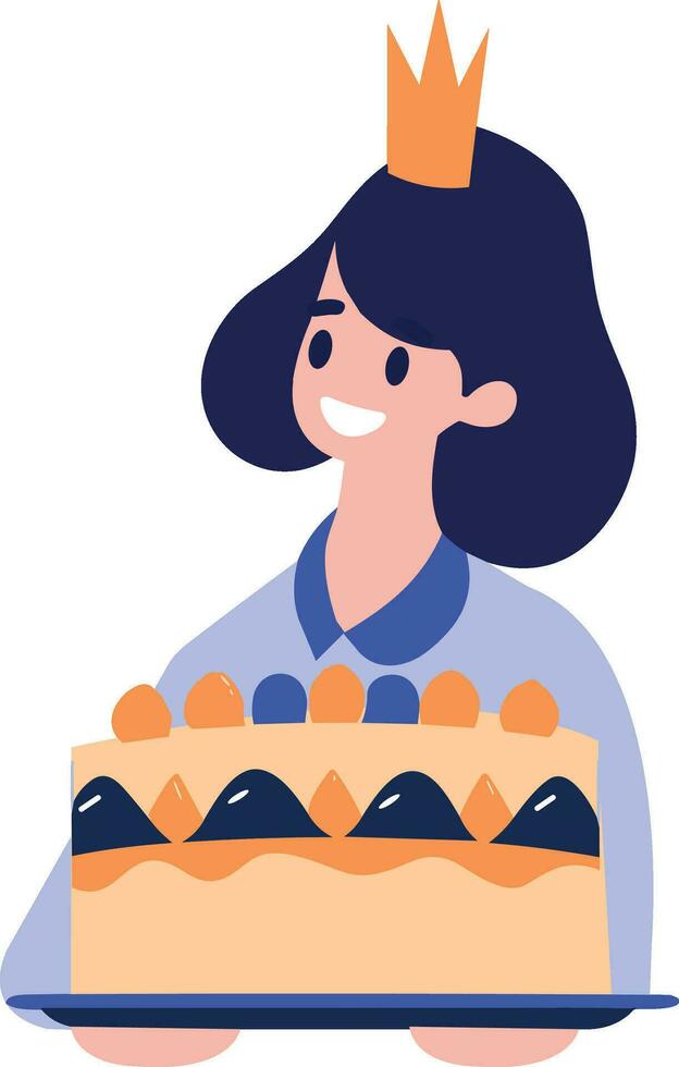 Hand Drawn Female character with birthday cake in flat style vector