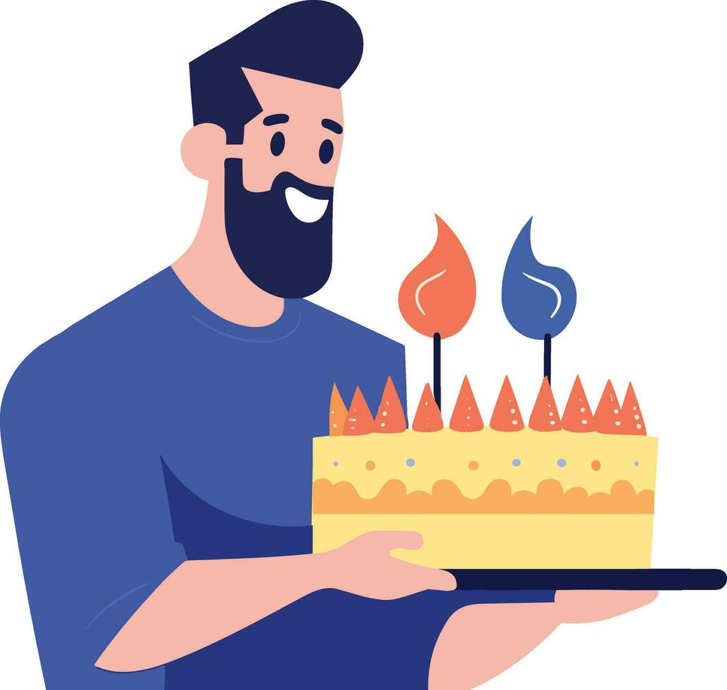 mano dibujado masculino personaje con cumpleaños pastel en plano estilo vector