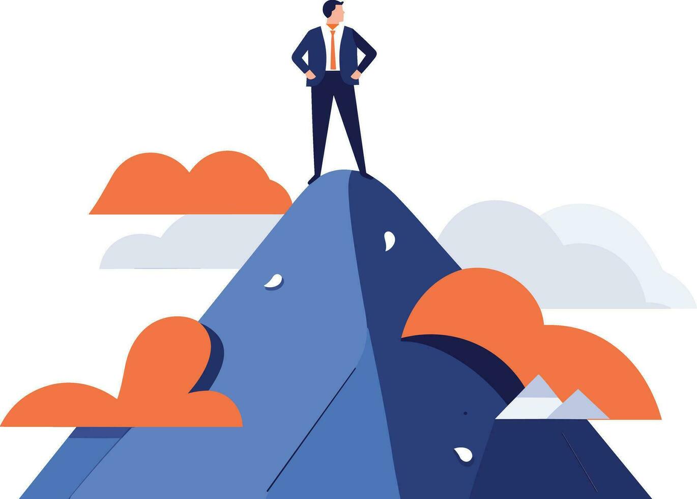 Hand Drawn Businessman standing on top of the mountain of success in flat style vector