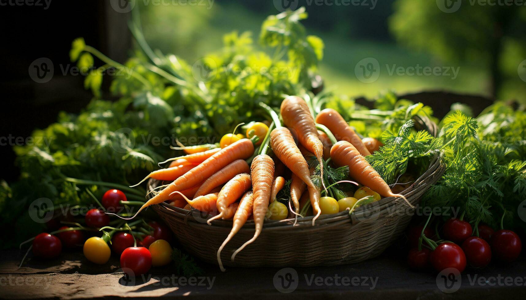 Fresh organic vegetables, healthy eating, nature bounty on wood generated by AI photo