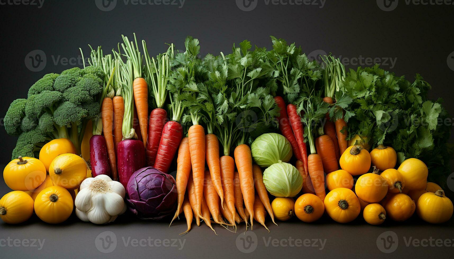 Fresh, healthy vegetables carrot, tomato, onion, cauliflower, broccoli, cucumber generated by AI photo