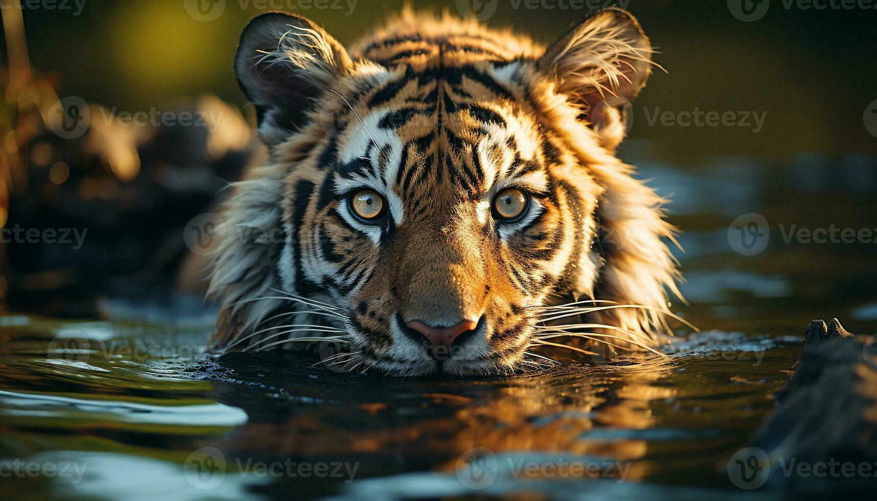 Bengal tiger, majestic and fierce, stares into tranquil pond generated by AI photo