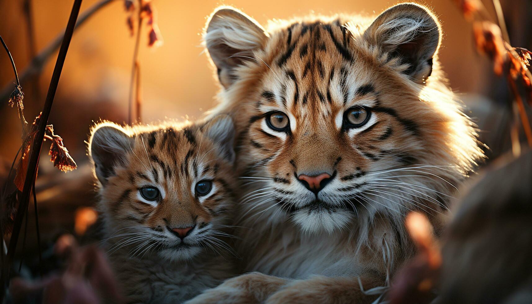 Cute young tiger playing, staring at camera, in nature generated by AI photo
