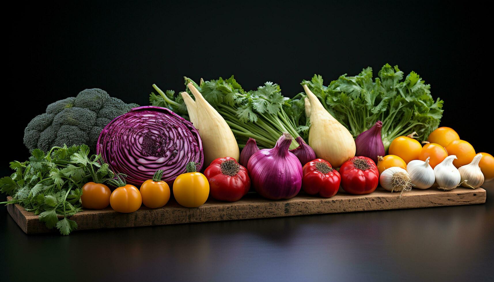Fresh, healthy vegetables tomato, onion, carrot, cauliflower, garlic, cucumber, bell pepper, radish, broccoli generated by AI photo