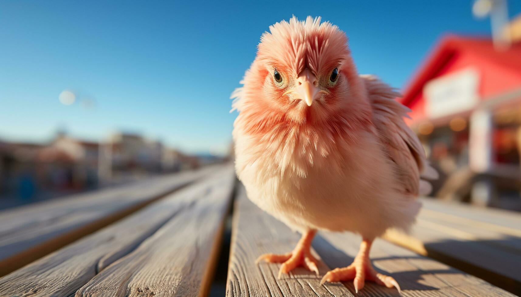 Cute baby chicken perching on fence, fluffy and yellow generated by AI photo