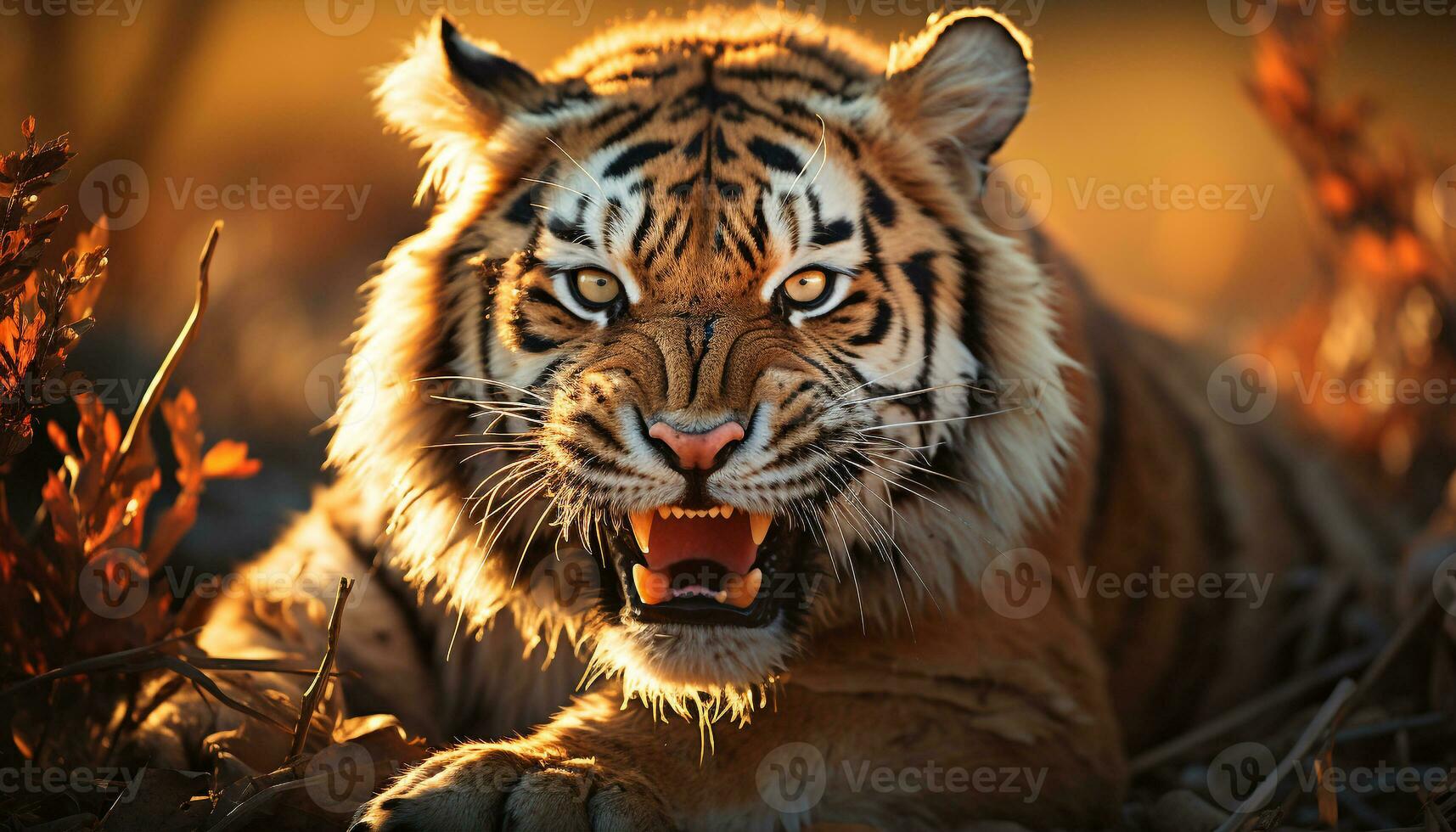 Majestic Bengal tiger staring, fierce beauty in nature generated by AI photo