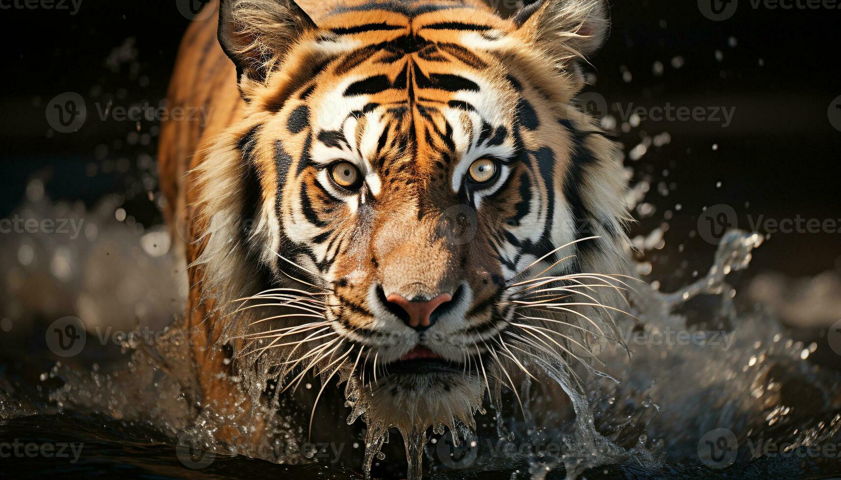 Bengal tiger, fierce and majestic, stares into reflection generated by AI photo