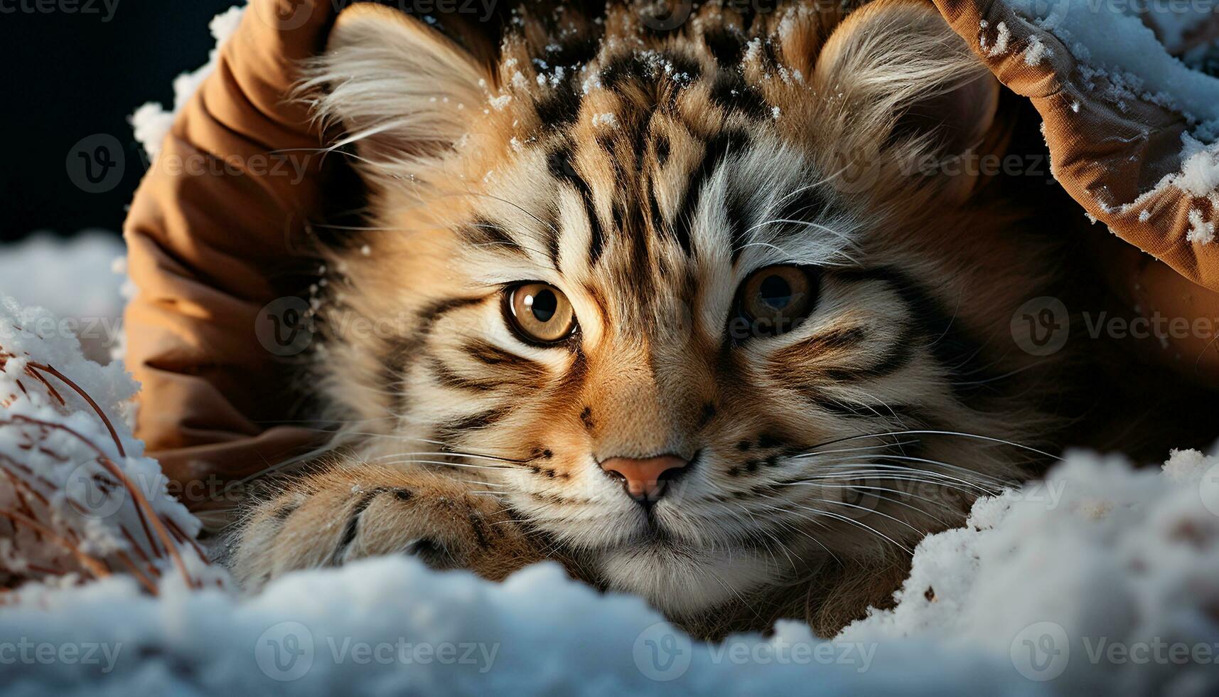 Cute feline in snow, staring with playful whiskers generated by AI photo