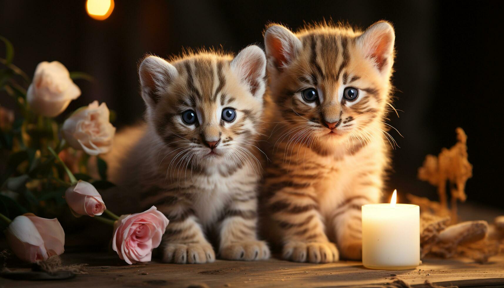 Cute kitten playing with toy, surrounded by candlelight beauty generated by AI photo