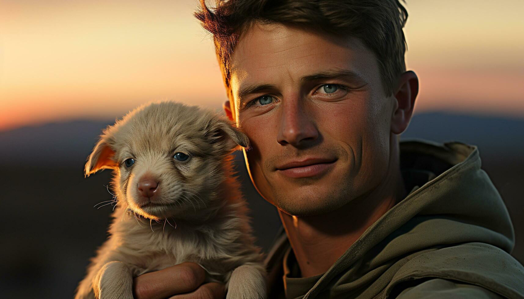 A smiling man embraces his cute puppy outdoors at sunset generated by AI photo