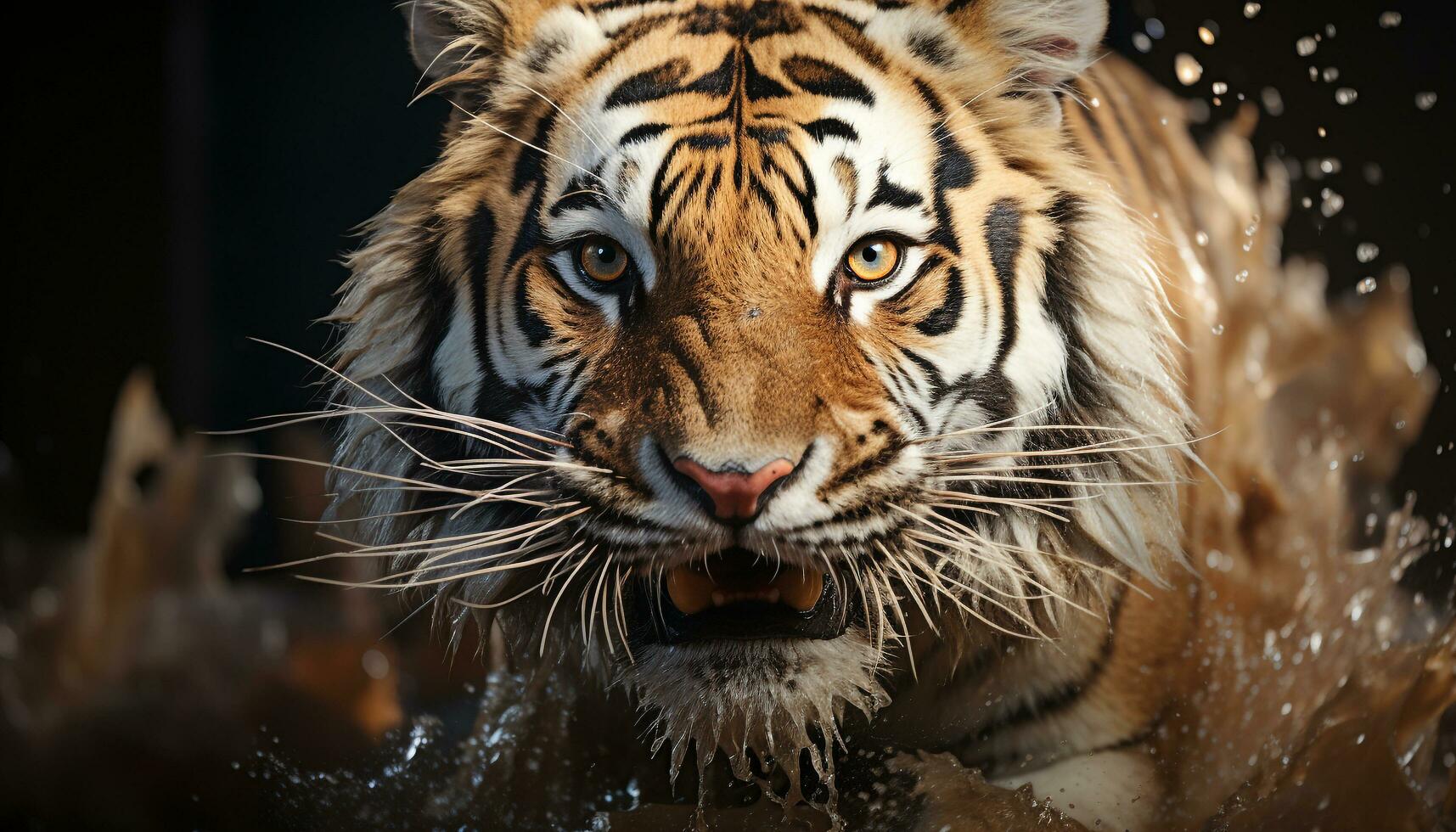 Bengal tiger, fierce and majestic, stares into the camera generated by AI photo