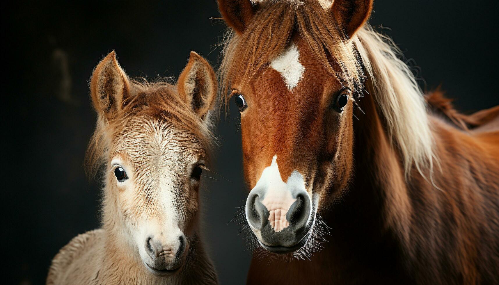 Cute foal and mare grazing in meadow, enjoying nature generated by AI photo