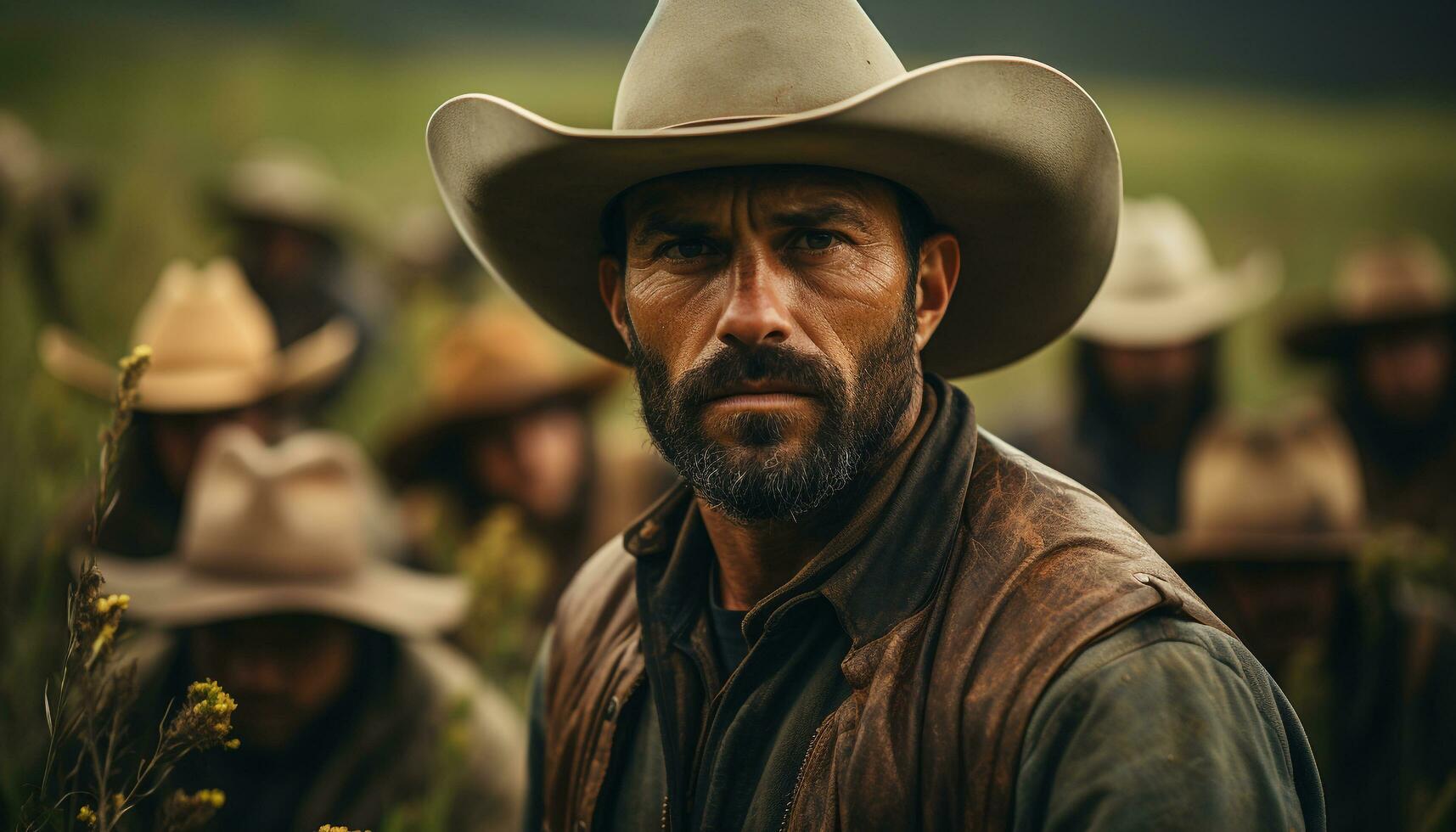 A confident cowboy, outdoors, looking at camera, smiling generated by AI photo