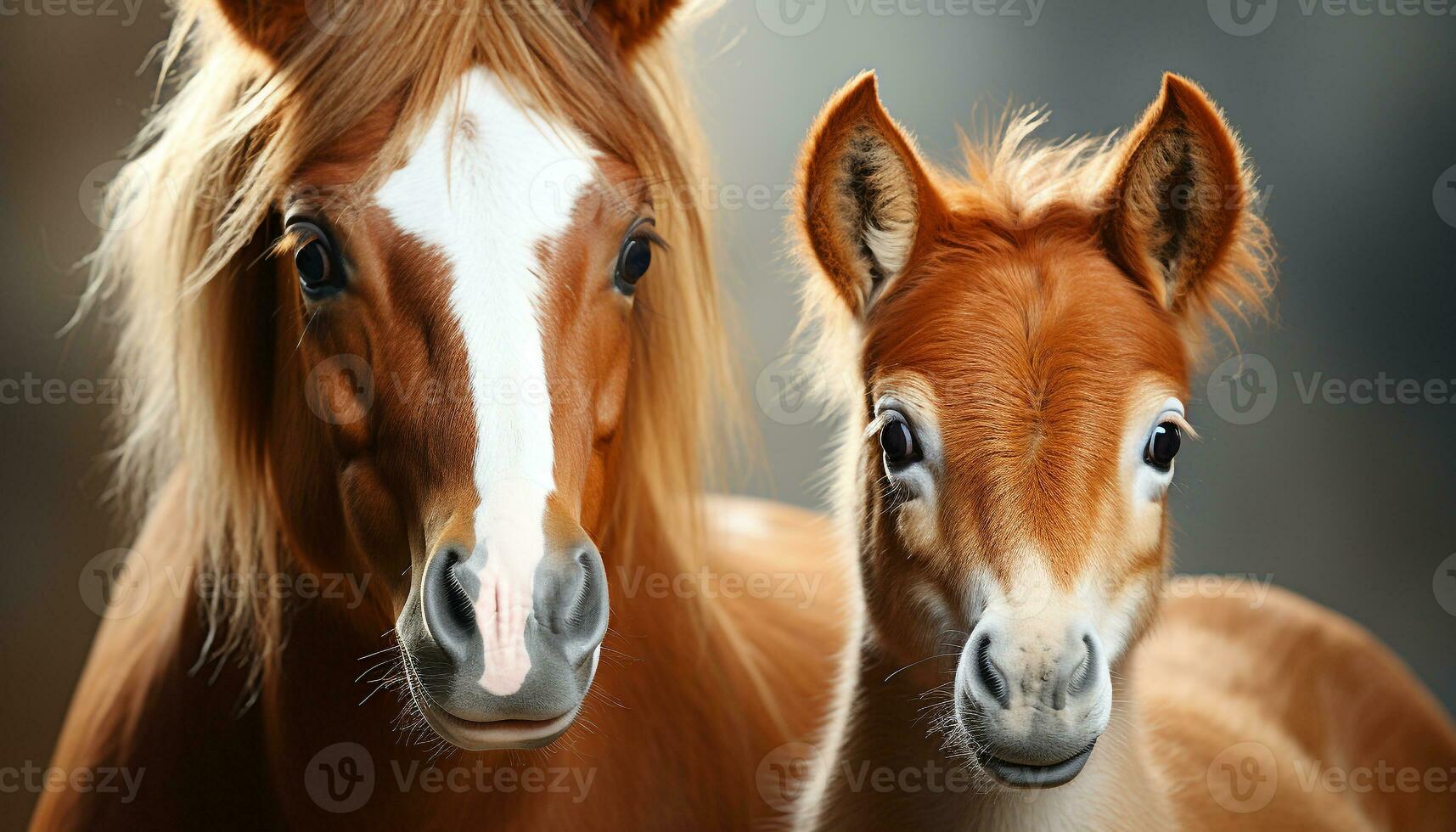 Cute foal grazing in meadow, looking at camera generated by AI photo
