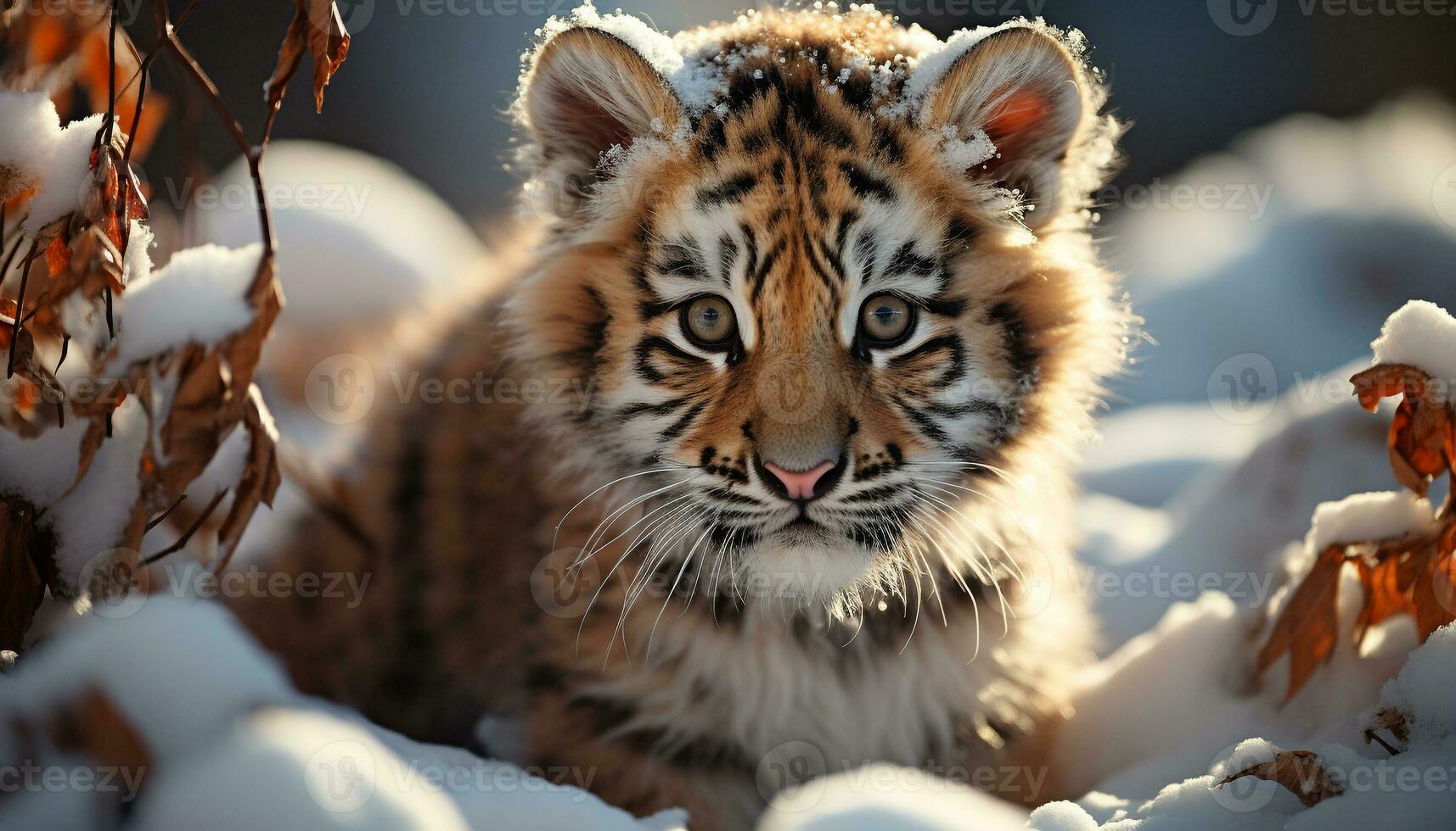 A cute, playful kitten sitting in the snow generated by AI photo