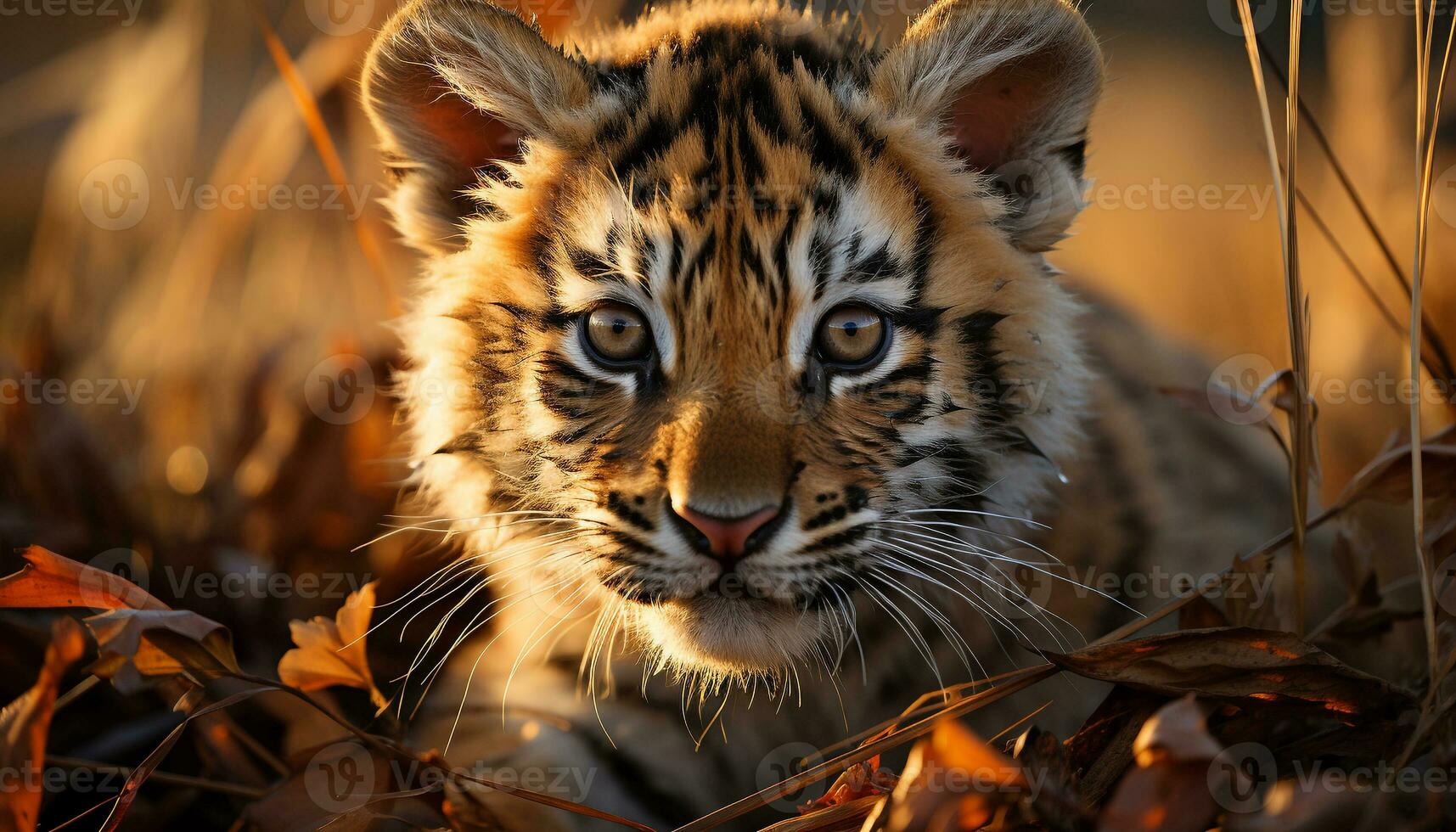 Bengal tiger staring, beauty in nature, wildcat hiding, tranquil generated by AI photo