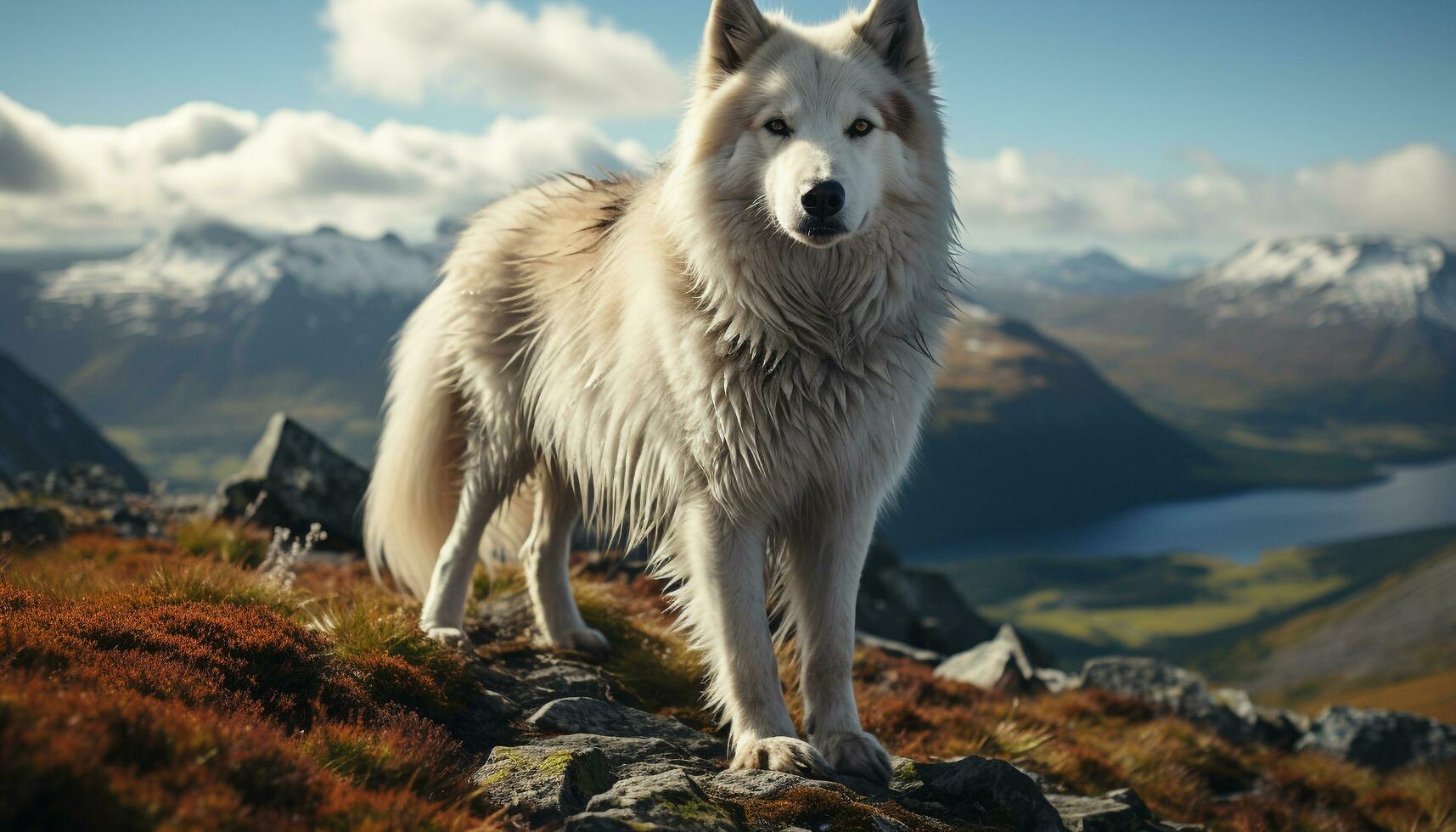 Cute canine standing on snowy mountain, exploring nature beauty generated by AI photo