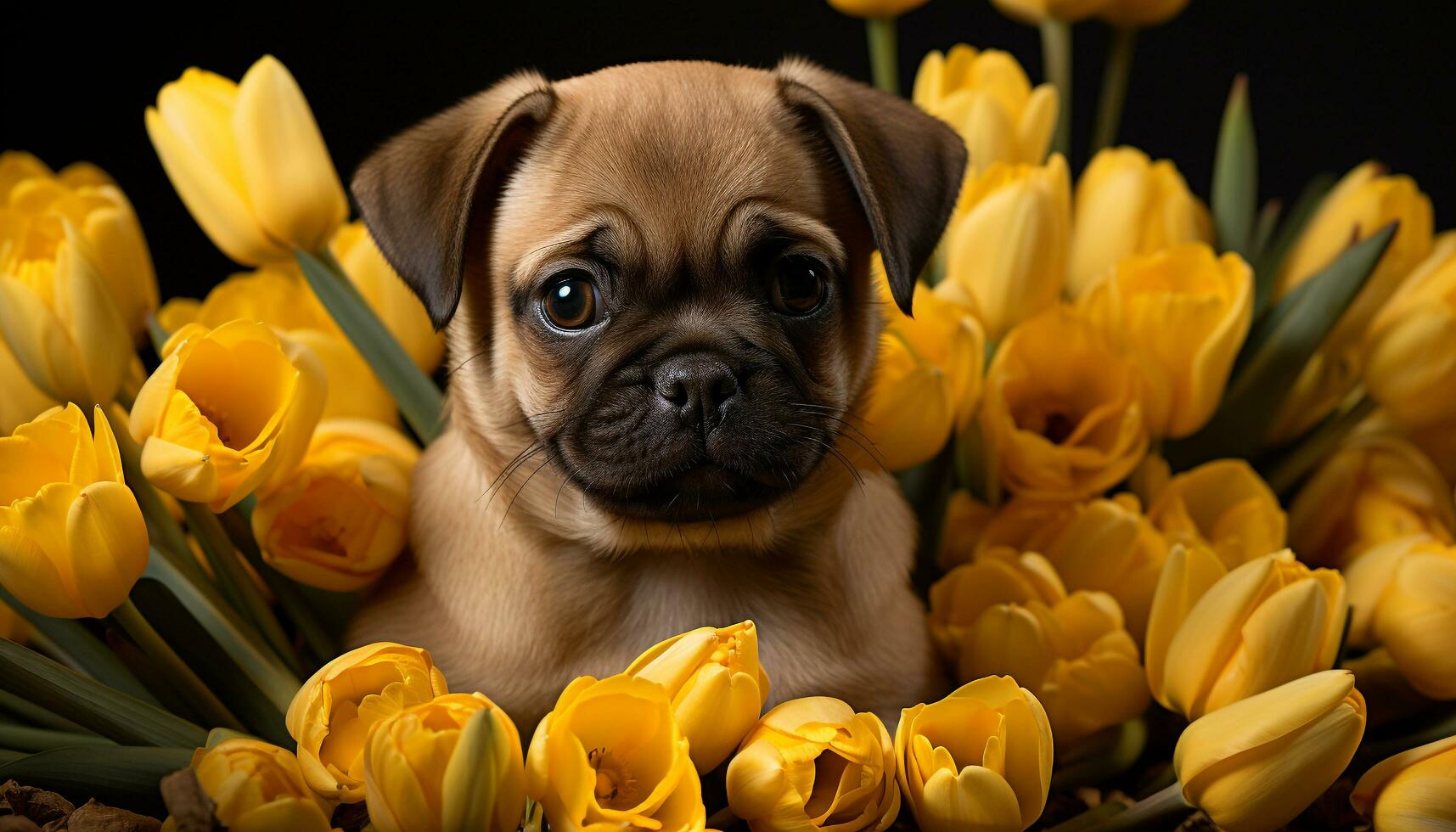 linda perrito sentado al aire libre, mirando a amarillo tulipán generado por ai foto