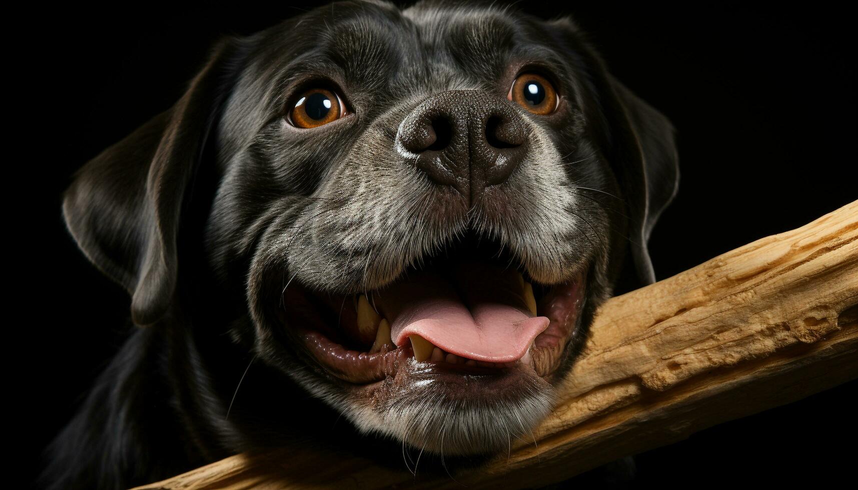 linda perrito sesión, mirando a cámara, lengua afuera, negro antecedentes generado por ai foto