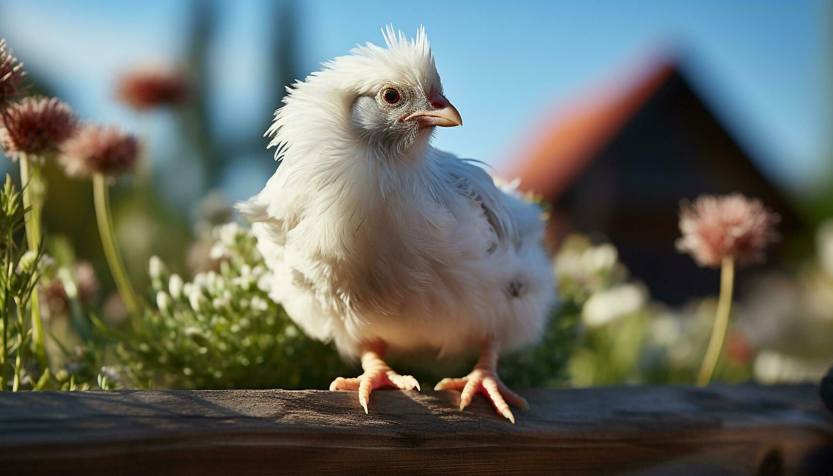 Cute baby chicken looking at camera in green meadow generated by AI photo