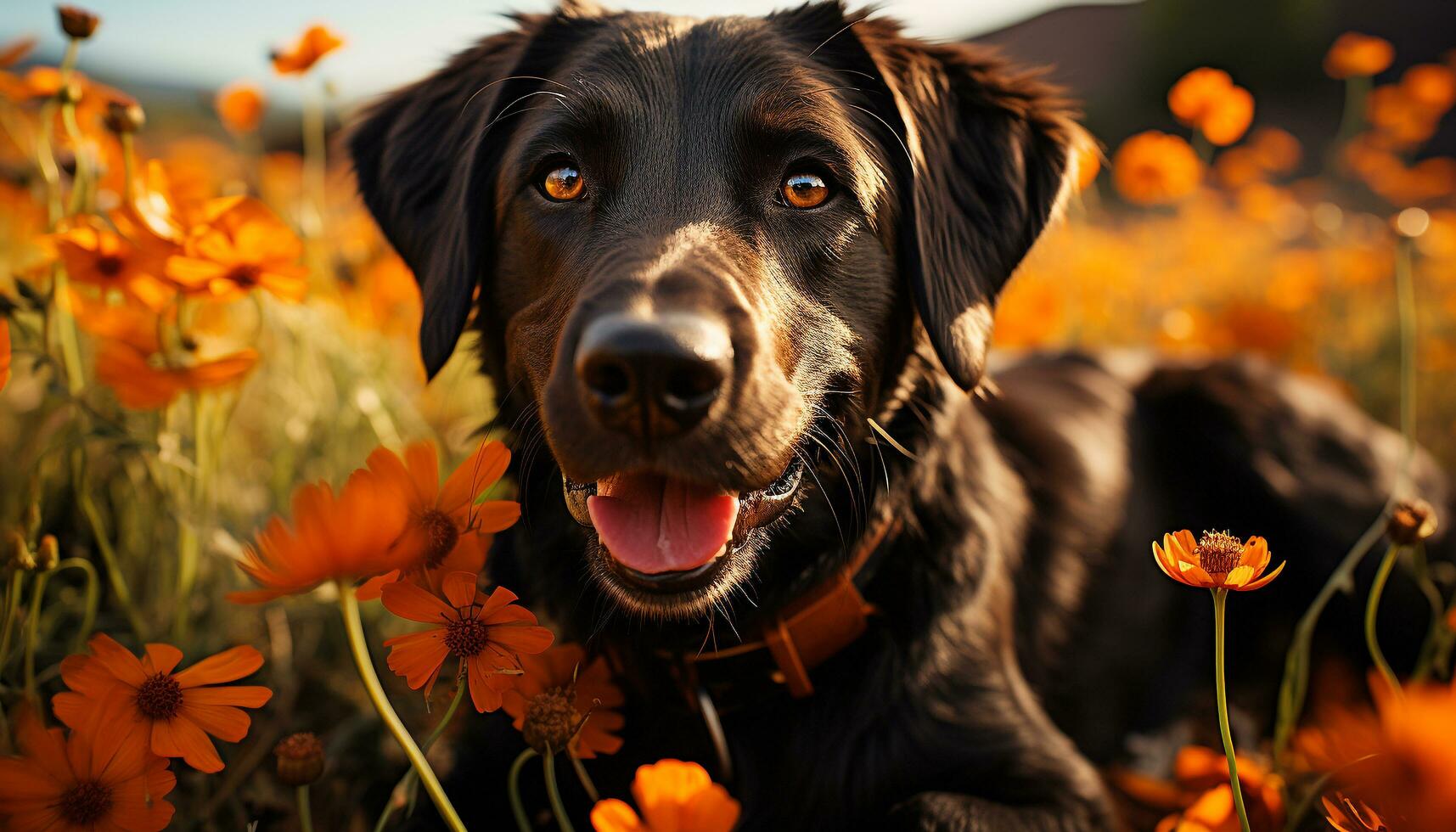 Cute puppy sitting in grass, looking at camera, smiling generated by AI photo