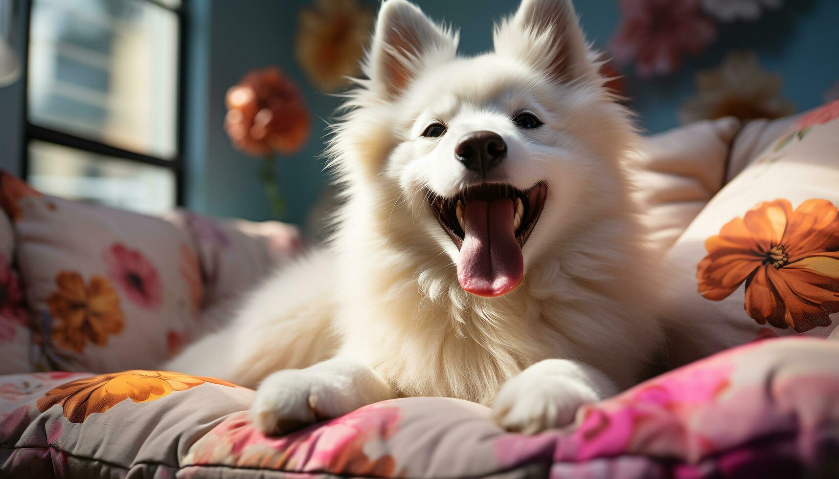 Cute puppy playing on bed brings joy and happiness generated by AI photo
