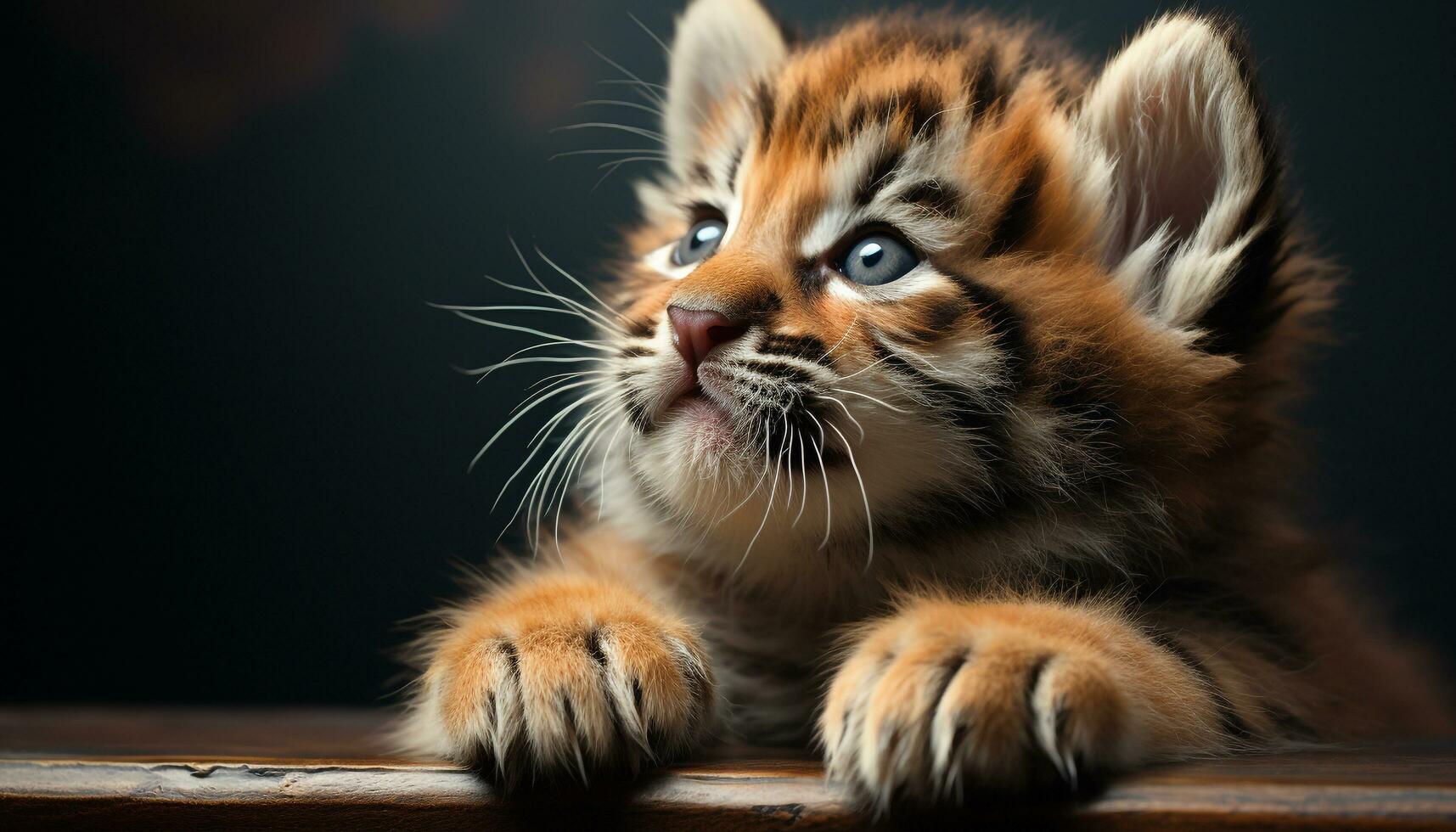 Cute striped tiger kitten playing, staring with softness generated by AI photo