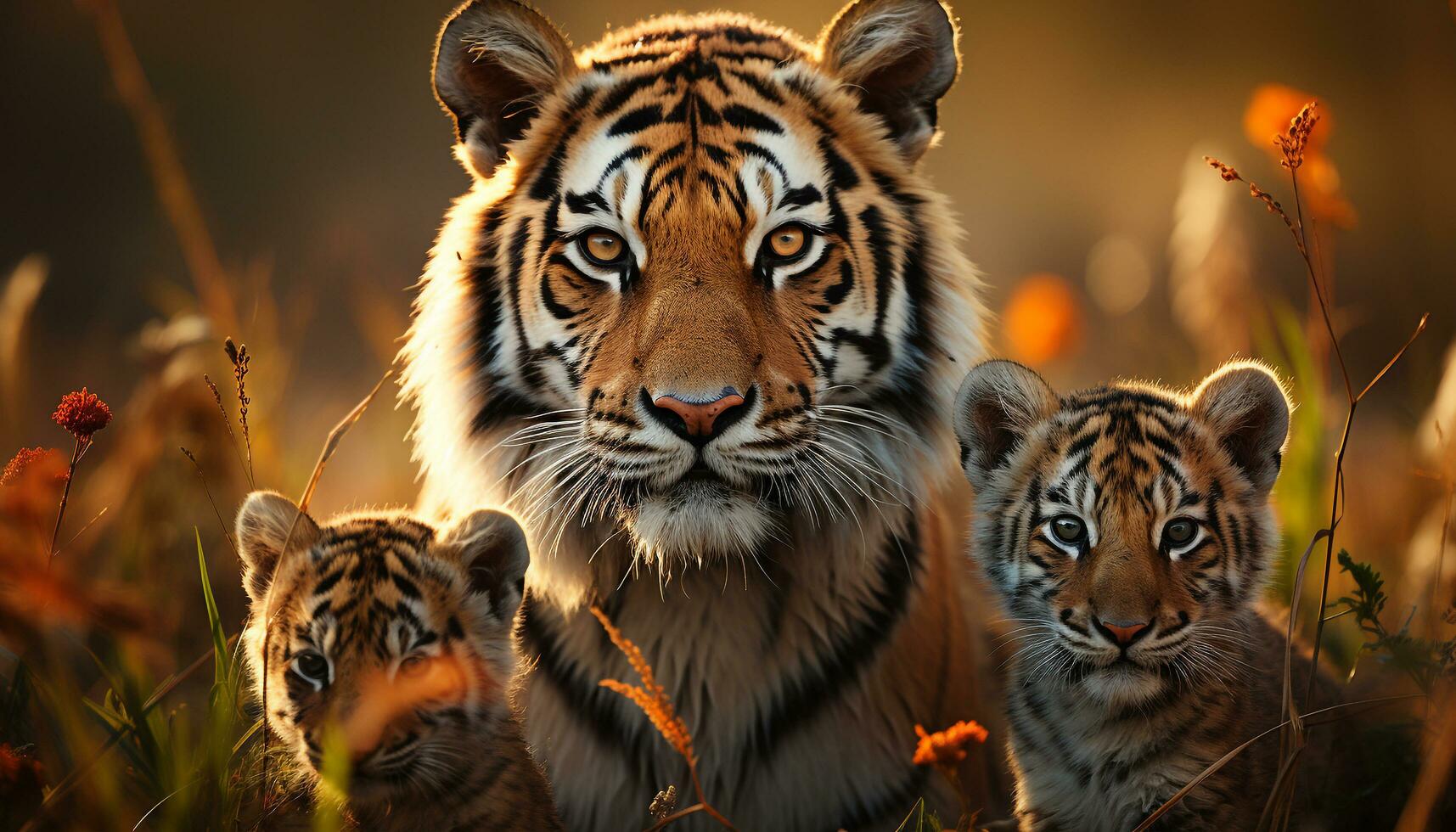 Tiger cub walking in the wild, staring at camera generated by AI photo