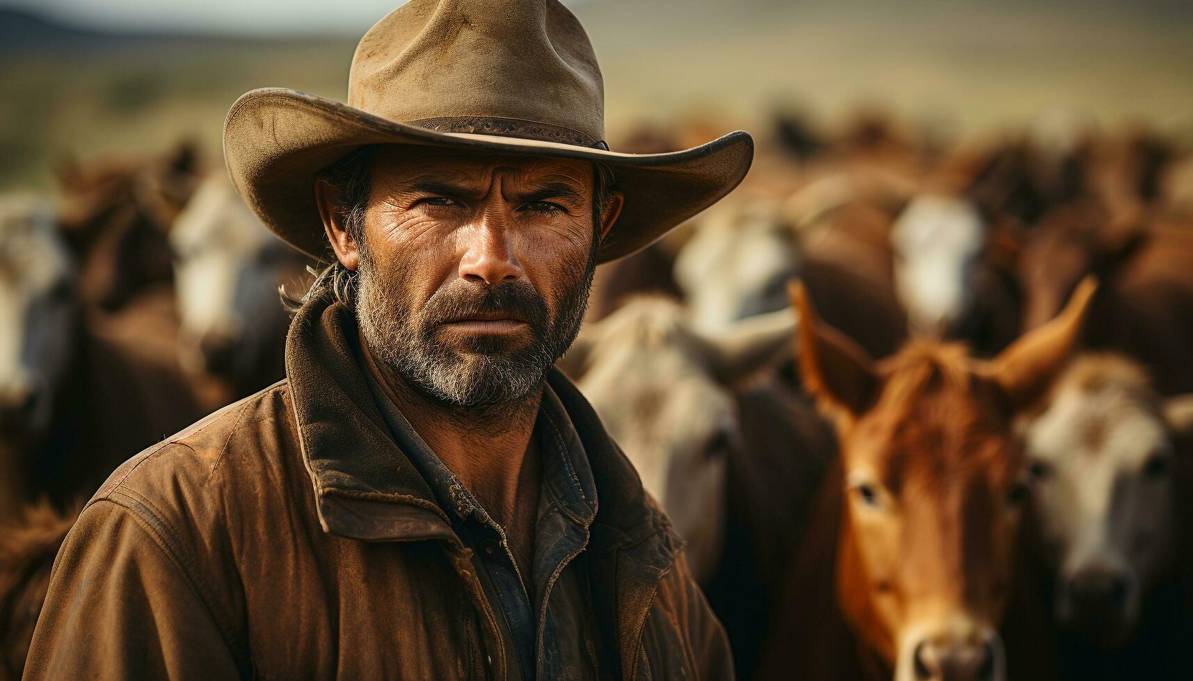 Cowboy farmer looking at camera, surrounded by livestock on ranch generated by AI photo