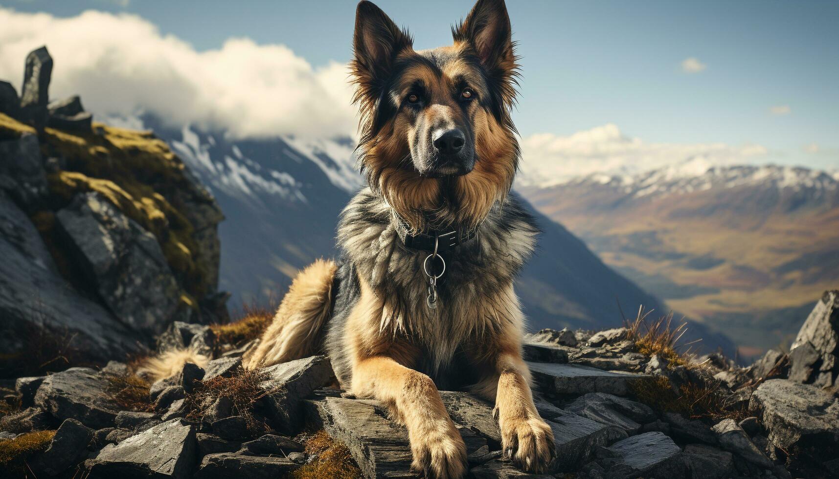 German Shepherd sitting in snow, looking at camera generated by AI photo