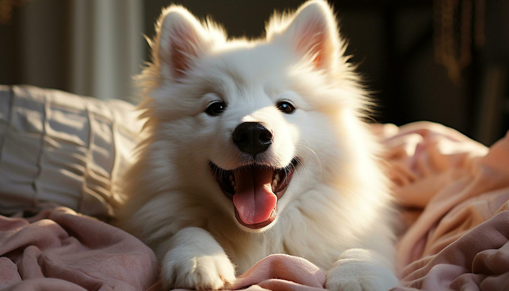 Cute puppy playing outdoors, smiling, nature joyful furry friend generated by AI photo