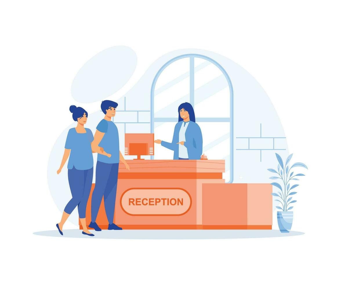 hotel receptionist concept, Pair of tourists or travelers standing at reception desk and talking to receptionist. Scene with guests at hotel lobby, flat vector modern illustration